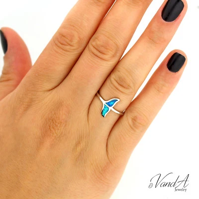 Anillo de plata de ley 925 cola de pez ópalo azul cola de ballena anillo R63 Foto 1 de 4