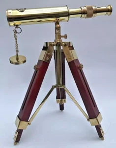 10 inch Nautical Marine Spyglass Brass Telescope On Wooden Tripod Stand - Picture 1 of 5