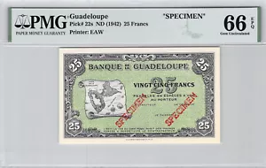 Guadeloupe SPECIMEN 25 Francs (1944) Pick 22s PMG 66 EPQ MA - Bild 1 von 2