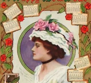 Cartolina 1910 Capodanno Al Nouveau Bella Donna Calendario Clessidra A. Gilbert - Foto 1 di 3