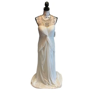 David’s Bridal long mesh dress Gown illusion beaded neckline Ivory Size 8 NWT - Picture 1 of 13