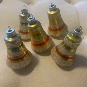 Vintage Shiny Brite Made In USA Glass Bell Ornament Gold Red Green Set of 5 - Picture 1 of 2