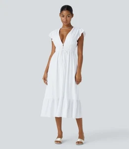 Halara V Neck Butterfly Sleeve Backless Pocket Ruffle Hem Midi Dress, M, NWT - Picture 1 of 6