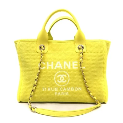 Bolsa tote Chanel Deauville pequena AS3257 lona amarela com bolsa caixa bolsa de pó #KN127 - Imagem 1 de 4