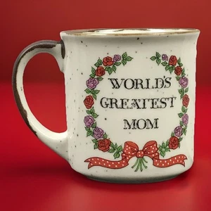 VTG Worlds Greatest Mom Mug Floral Wreath Speckled Pottery 10oz Double Sided Pic - Picture 1 of 9