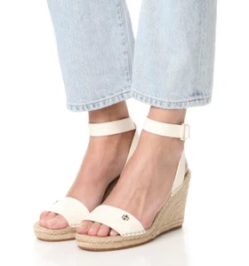 TORY BURCH NIB $278 Ivory Vegan Leather Bima 2 Ankle Strap Wedge Espadrille 8.5 - Picture 1 of 8