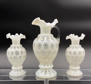 Vtg 1948 FENTON White FRENCH Opalescent COIN DOT Triangular Ruffle VASE Set - Picture 1 of 13