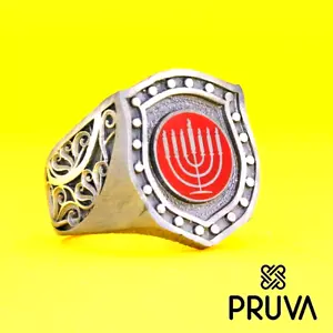 Y90-C08 ANELLO PERSONALIZZATO ARGENTO STERLING MASSICCIO 925K PLACCATO RODIO MENORAH EBRAICA - Foto 1 di 8