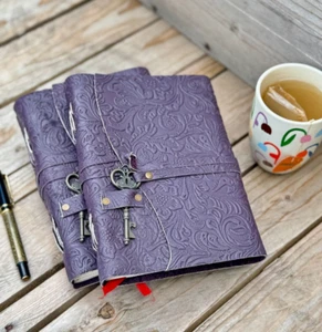 Purple Floral Leather Journal | 240 Pages | Handmade to Order | Pure Leather - Picture 1 of 4