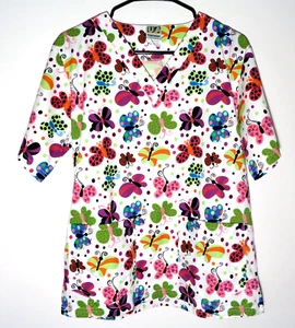 Women's Cotton/Polyester White Scrub Top w/Colorful Butterflies in Size XS - Picture 1 of 9