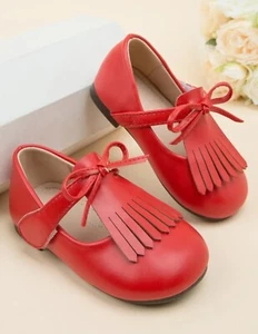 Red Girls Bow Decor Fringe Trim Flats Preppy Red Mary Jane Flats - Picture 1 of 4