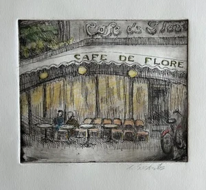 M. Susan Broussard - original, signed, hand-colored etching "Cafe de Flore" - Picture 1 of 6