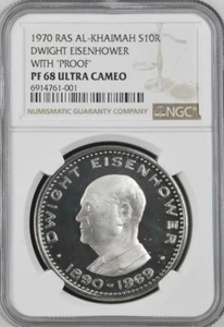RAS AL KHAIMAH , 10 RIYALS EISENHOWER 1970 PROOF VARIETY (DL) NGC PF 68 UC ,RARE - Picture 1 of 3