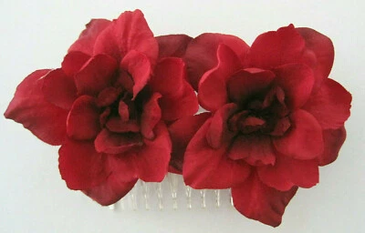 Double Deep Red Apple Blossom Silk Flower Hair Comb,Bridal,Pin Up - Image 1 of 3