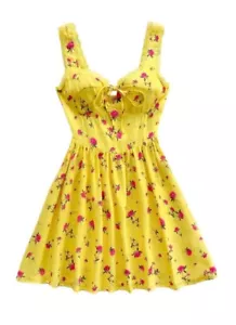 Yellow Floral Lined Bust Smocked Tie Keyhole Mini Dress S Casual Chic Party New - Picture 1 of 3