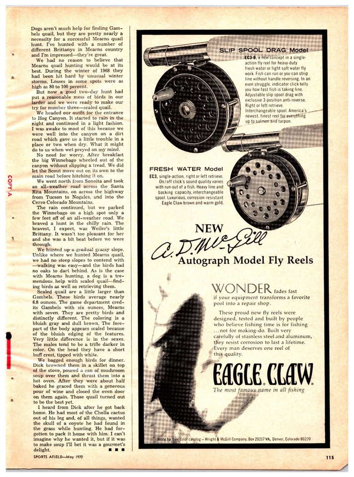 Anuncio de carretes de mosca Eagle Claw 1970 vintage impreso original (5 pulgadas x 11 pulgadas) Foto 1 de 1