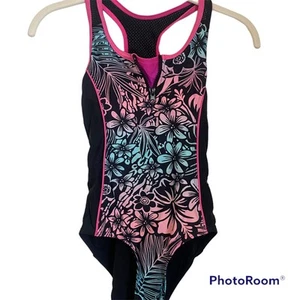 Zero Xposur Girls One Piece Swim Suit Black Pink Floral 12 - Picture 1 of 5