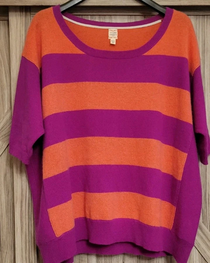 Cashmere Women's Loose Style Sweater 3/4 Sleeves Stripes Orange Magenta XL - Image 1 of 4