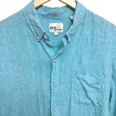 Reyn Spooner Mens Large Shirt Linen Turquoise Button Up Short Sleeve Tailored - Image 1 of 4