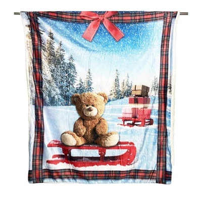PLAID Decke FLEECE SHERPA DIGITALER FOTOGRAFISCHER SCHLITTEN Teddybär - Bild 1 von 4