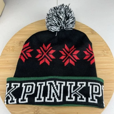 Victoria's Secret 粉色豆豆帽女式 OSFM 黑色拼色雪花 Pom 袖口 — 第 1/4 张图片