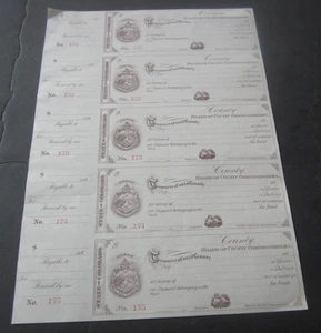 Uncut Sheet of 5 - 1890's STATE OF COLORADO County Board of Commissioners CHECKS - Picture 1 of 1