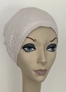 NWT Hats with Heart Chemo Sleep Turban Cap WHITE Soft Cotton Knit with Lace Trim - Picture 1 of 2