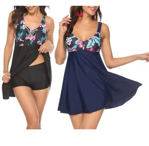 Two-Piece Sexy Swimsuit Tankini Swim Dress Floral Print Upper Bikini Beachwear - Picture 1 of 12