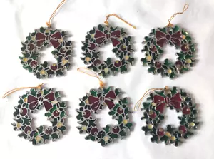 6 Kurt Adler Christmas Wreath 3.5" Stained Glass Look Ornaments Suncatchers 1977 - Picture 1 of 8