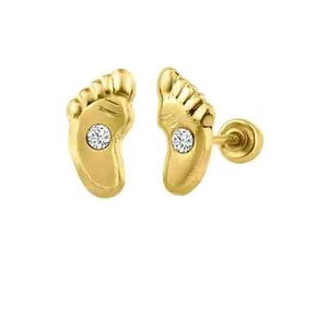 14k Yellow Solid Real Gold Feet Foot Screw Back Stud Small Earrings - 7mm Baby - Picture 1 of 4