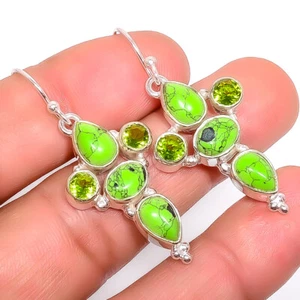 Green Turquoise & Peridot 925 Sterling Silver Earring 1.76" E911-1 - Picture 1 of 2