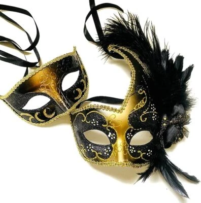 Couple Masquerade Feather Mask Pair Feather Dress up Birthday Party Prom Wedding - Image 1 of 2