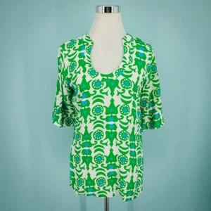 Escapada Size Small S Green Blue Print Short Sleeve Resort Vacation Tunic Top - Picture 1 of 7