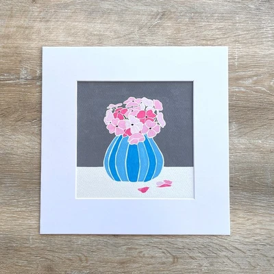 蓝色花瓶粉红色花朵,原版水粉绘画,方形 8x8 — 第 1/4 张图片