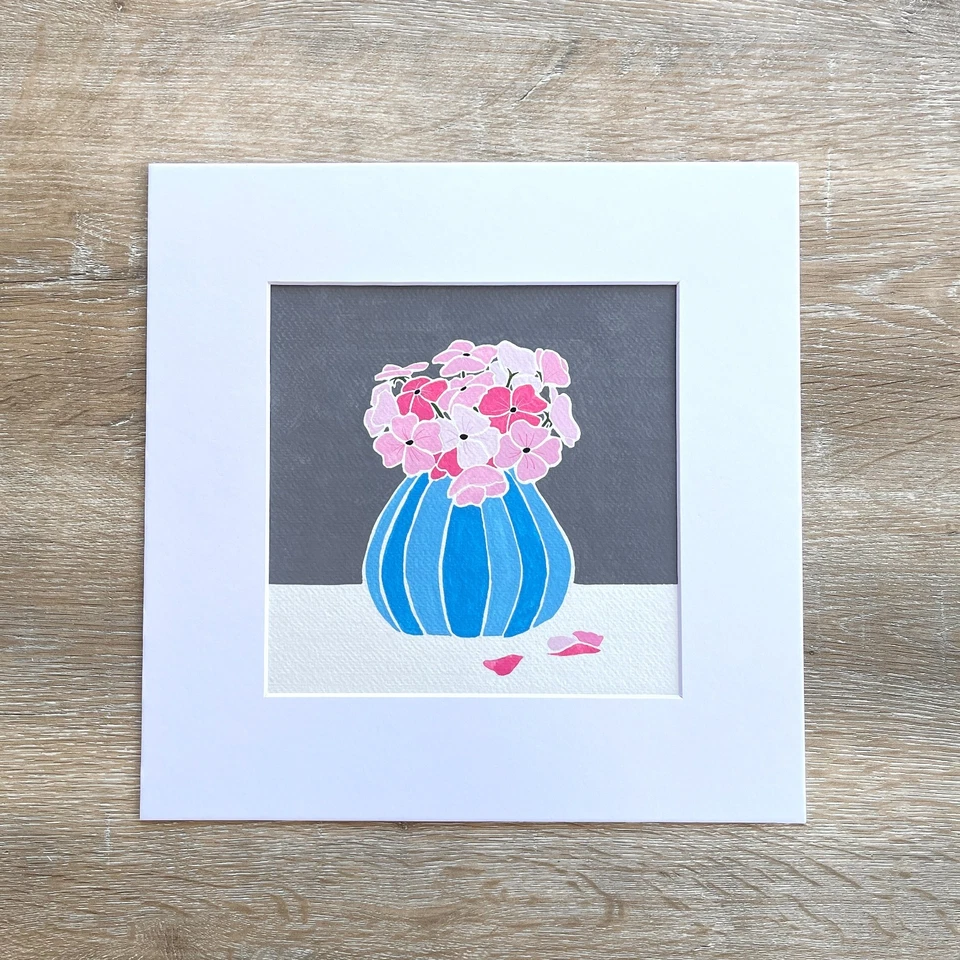 Florero Rosa Flores en Azul, Pintura Gouache Original, Cuadrado 8x8" Foto 1 de 4