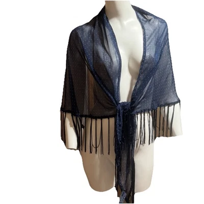 De Colección Crazy Horse Liz Claiborne Azul Marino Lunares Flecos Chal Envolvente Bufanda Transparente Foto 1 de 4