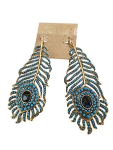 Fabulous NOS Kenneth Lane Ballotini Huge Peacock Feather Pierced Earrings - Picture 1 of 8