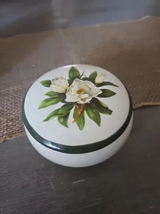 Lidded Ceramic Trinket Box Hand Painted Magnolia May Rich Design - Picture 1 of 4