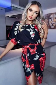 Delilah Floral Wrap Batwing Dress-Black - Picture 1 of 2
