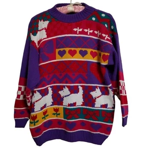 VTG 80s Fairy Kei Sparkle Sweater Kawaii Flowers West Highland Dogs Hearts Bows - Picture 1 of 7