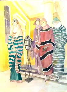 B.P. Fiumara, Original watercolor "4 festive Ladies" Signed 87 - Picture 1 of 6
