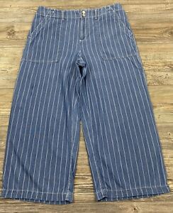 Seven7 Pants Size 12 Linen Blend Blue/White Stripe Wide Leg 