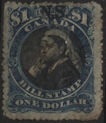Canada 1868 VanDam #NSB16 $1.00 blue & black, Nova Scotia Bill Stamp, used, thin - Image 1 of 2