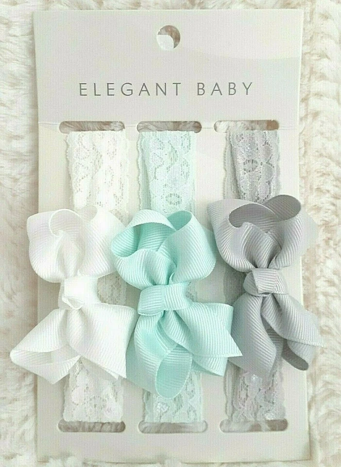 Elegante conjunto de diadema de bebé gris, menta y blanco elástico encaje y lazo 0-12 NUEVO NUEVO CON ETIQUETAS  Foto 1 de 4