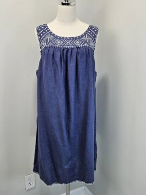 Vestido C C California 100% Lino 1X Azul Bordado Crochet Sin Mangas Foto 1 de 4