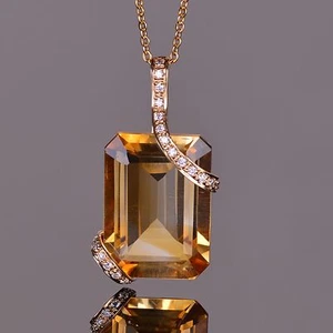 Emerald Cut Citrine and Diamond Pendant in Yellow Gold - Picture 1 of 2