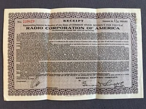 VTG Radio Corporation of America RCA 1933 Fractional Receipt Stock Certificate - Picture 1 of 4