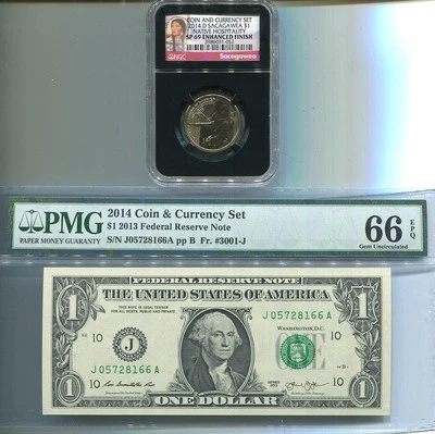 2 SETS 2014-D COIN & CURRENCY SET W ENHANCED Sacagawea NGC SP69 - $1 NOTE PMG 66 - Image 1 of 4