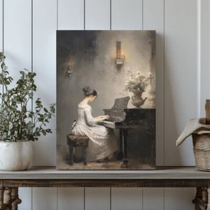 Serene Lady Playing Piano Canvas Print - Timeless Victorian Music Room Decor, Cl - Picture 1 of 17