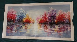 Colorful Trees Reflected on Water Large Rolled Canvas Oil Painting 47"x24" - Picture 1 of 7